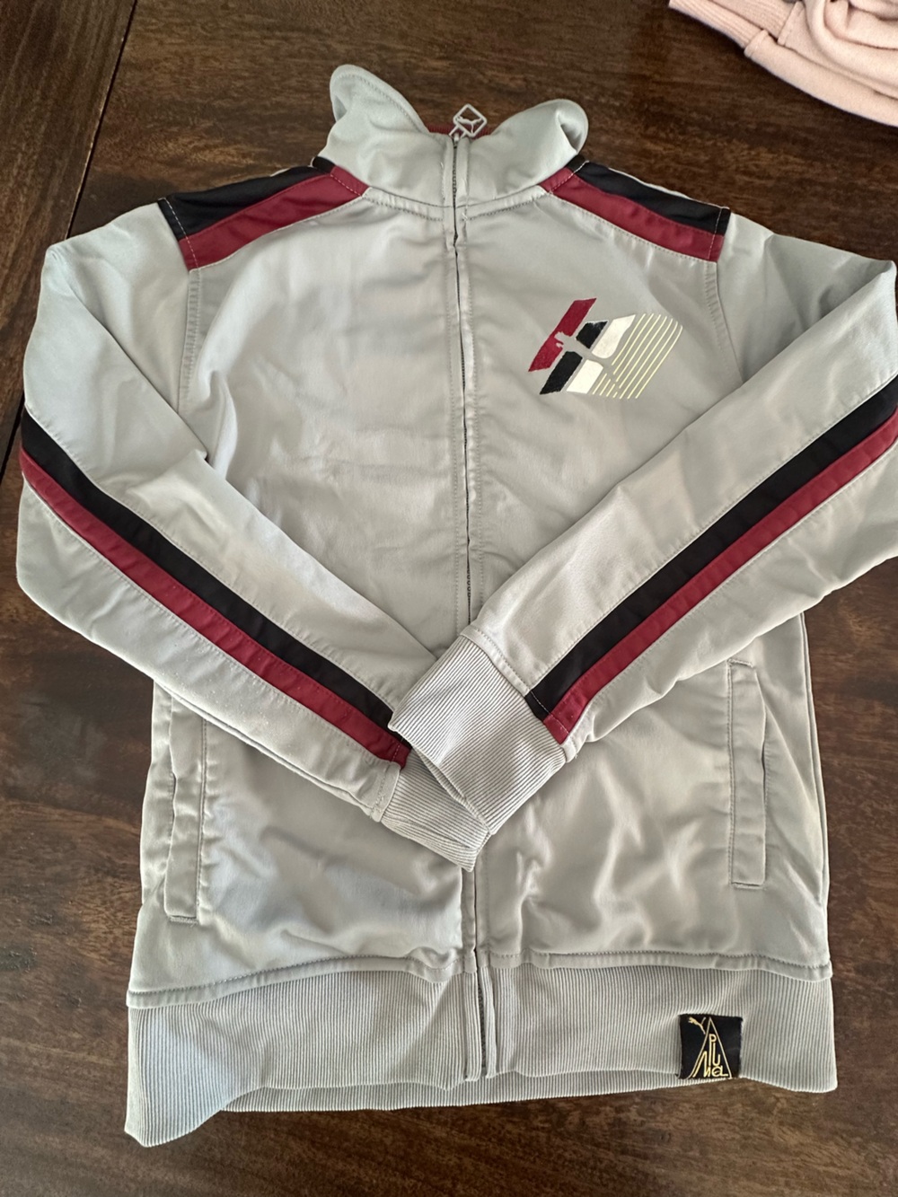 Retro Puma Track Jacket in Grey with Red & Black Stripes in medium